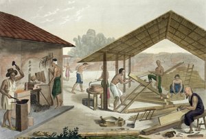 Atelier de menuiserie à Kupang, Timor, planche 6 de Le Costume Ancien et Moderne par Jules Ferrario, publié vers 1820-30 - Francesco Citterio